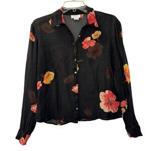 Ann Taylor LOFT Black Floral Print 100% Silk Button Up Crop Blouse Size 12
